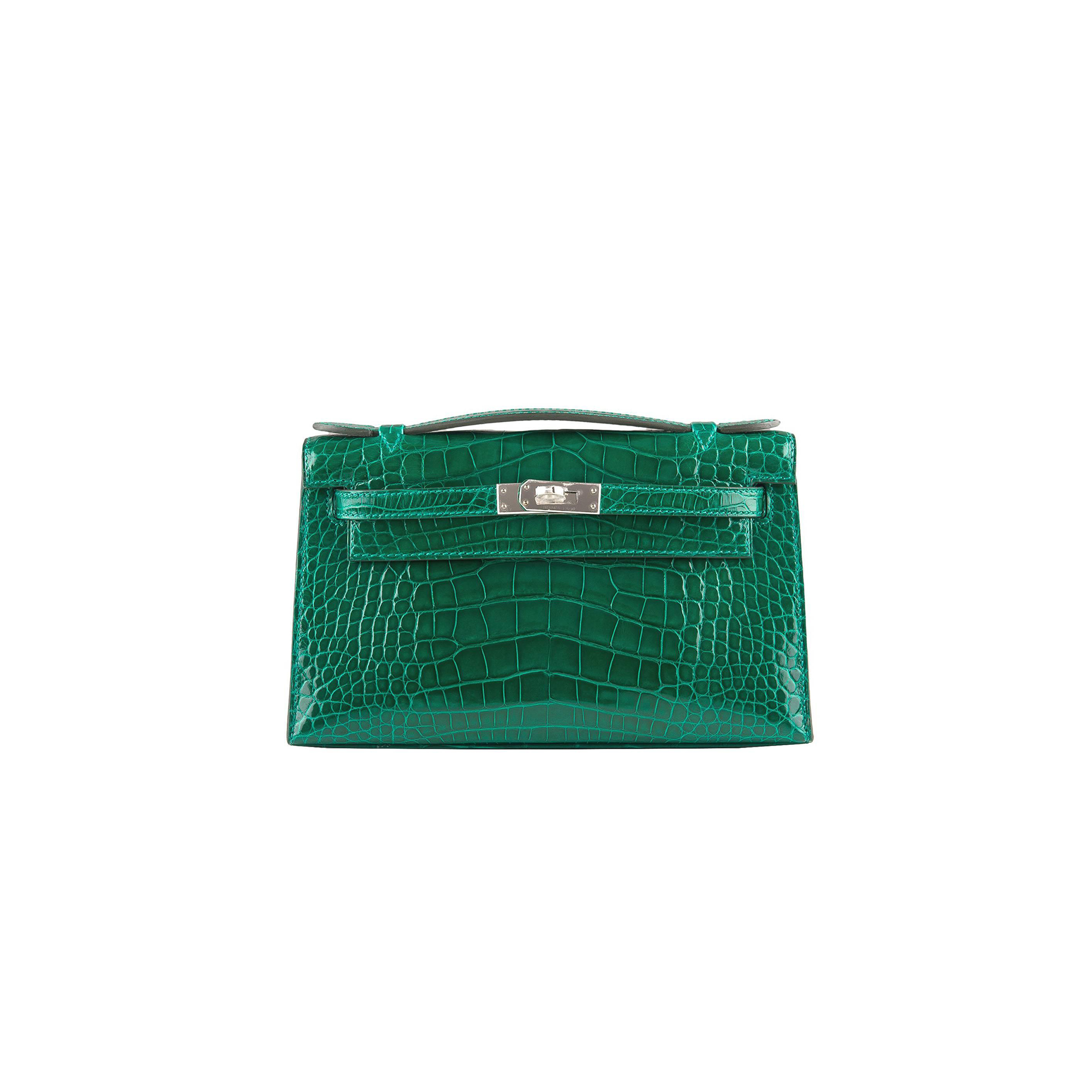 HERMÈS MASTER EMERALD SHINY ALLIGATOR MINI KELLY POCHETTE (22*14*7cm) 